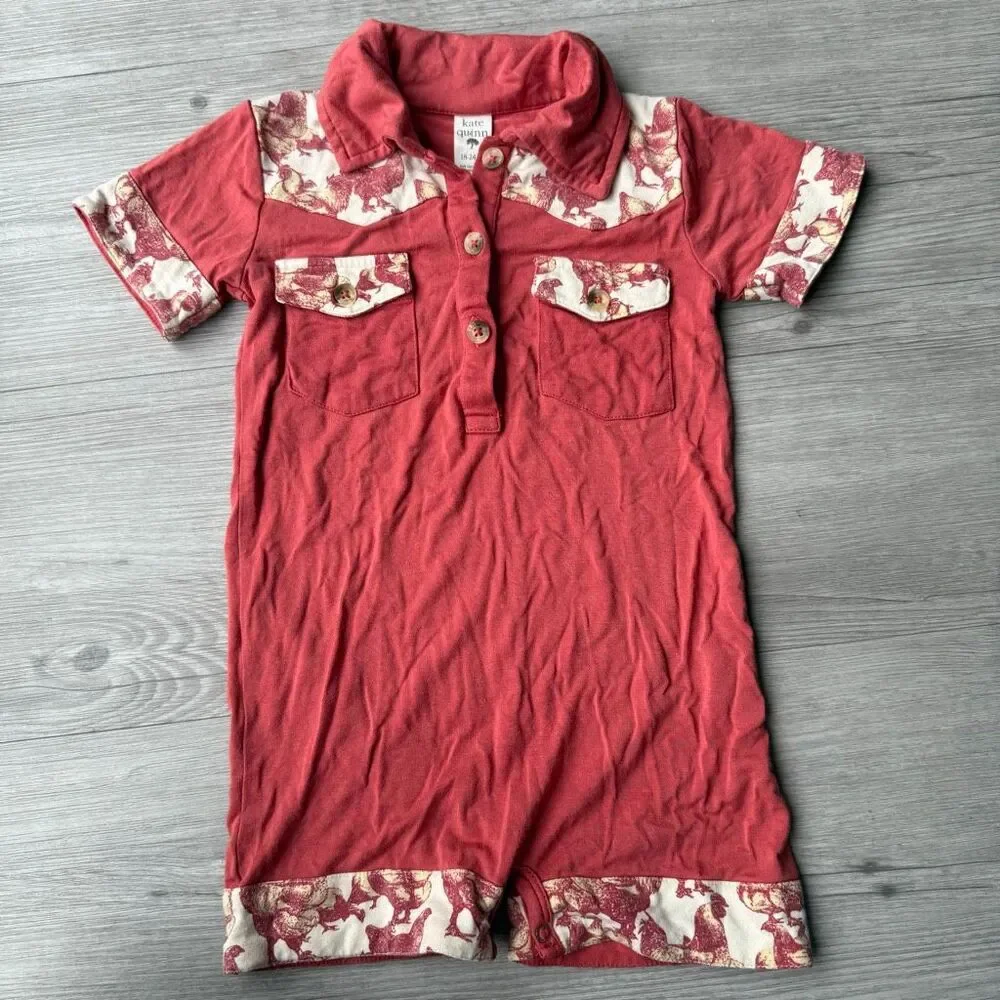 Kate Quinn romper chicken print on the collar and chest pockets boys Size 18-24